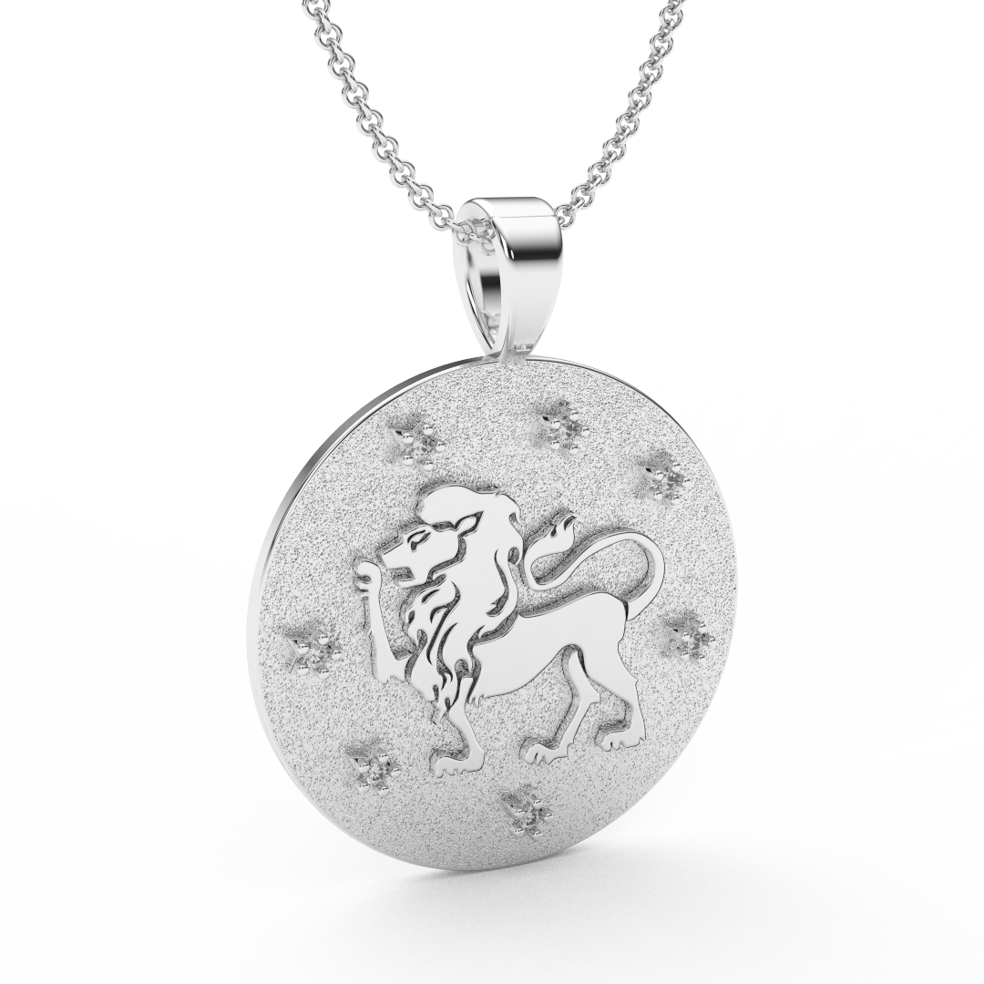 LEO Zodiac Coin Necklace - 18 MM Horoscope Sign Round Disk Medallion - Astrological Amulet - 2-Sided with 7 Diamond Stars