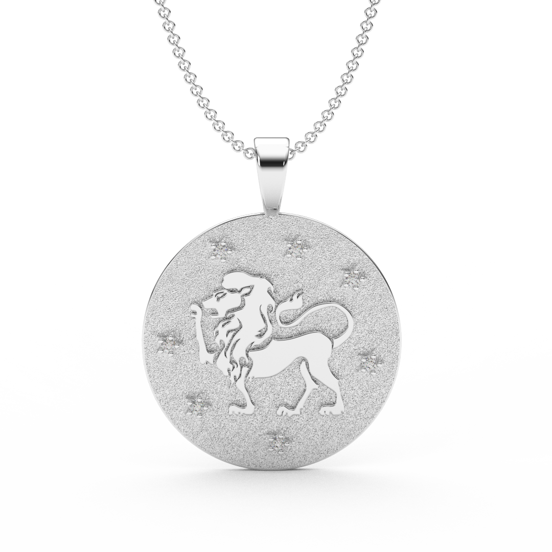 LEO Zodiac Coin Necklace - 18 MM Horoscope Sign Round Disk Medallion - Astrological Amulet - 2-Sided with 7 Diamond Stars