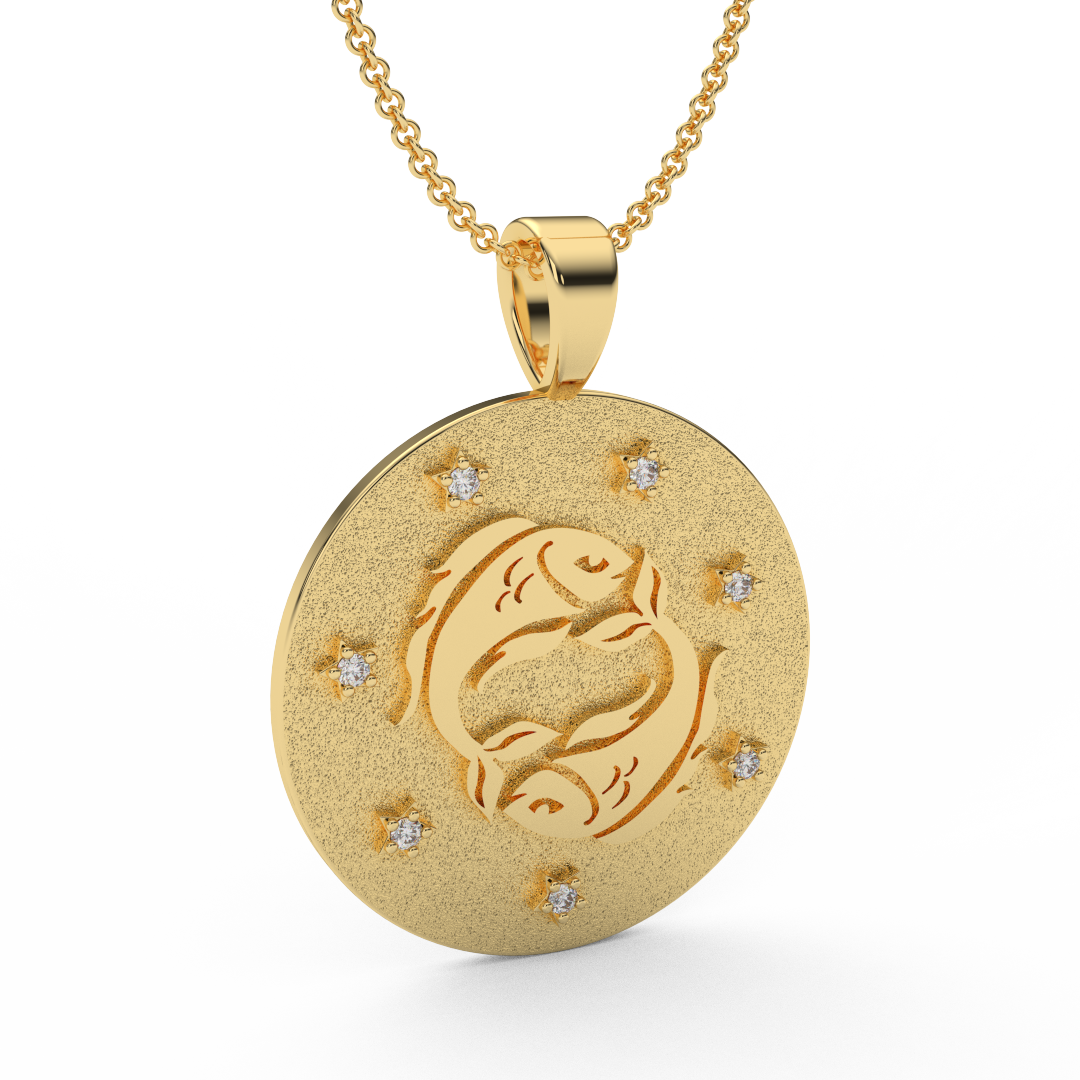 PISCES Zodiac Coin Necklace - 18 MM Horoscope Sign Round Disk Medallion - Astrological Amulet - 2-Sided with 7 Diamond Stars