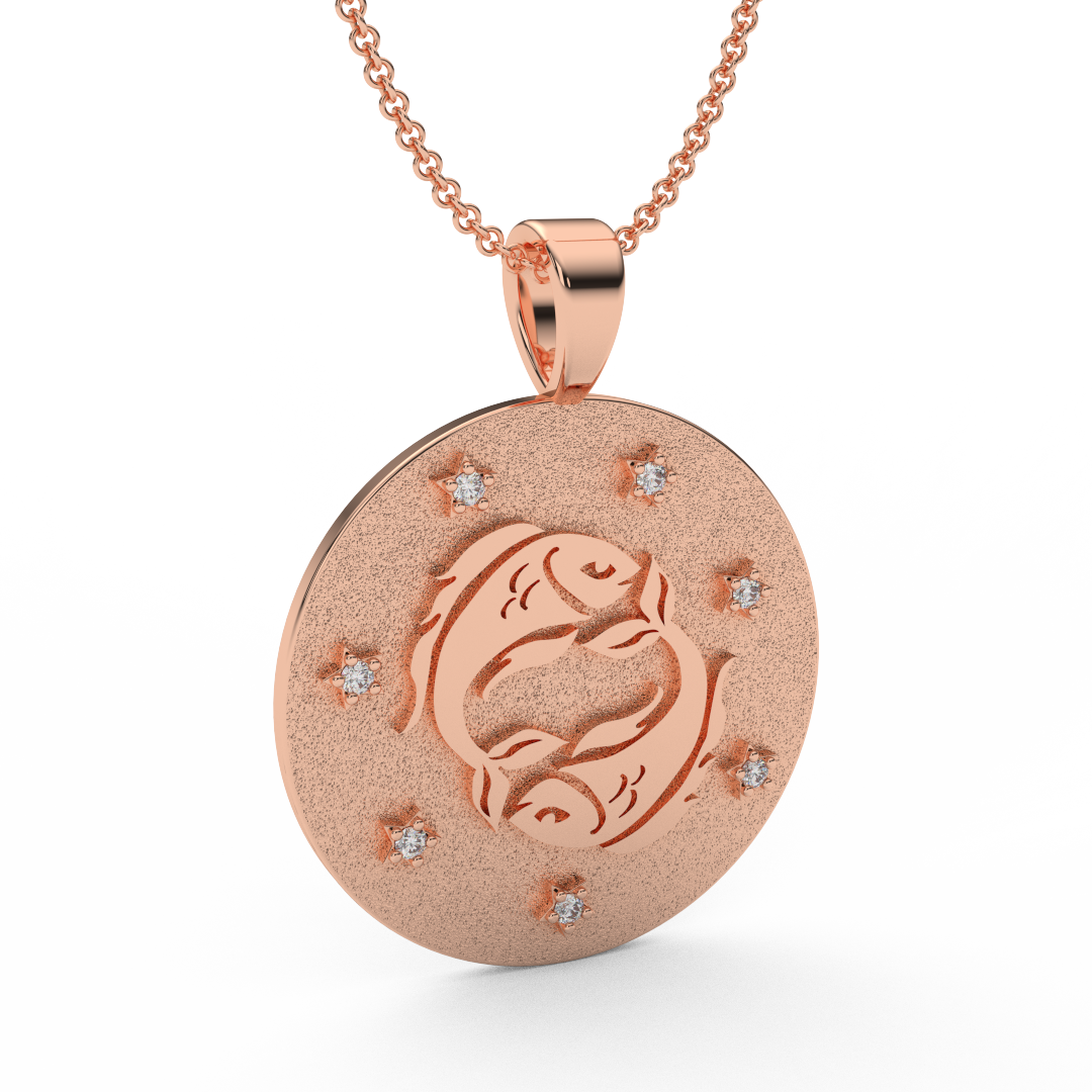 PISCES Zodiac Coin Necklace - 18 MM Horoscope Sign Round Disk Medallion - Astrological Amulet - 2-Sided with 7 Diamond Stars