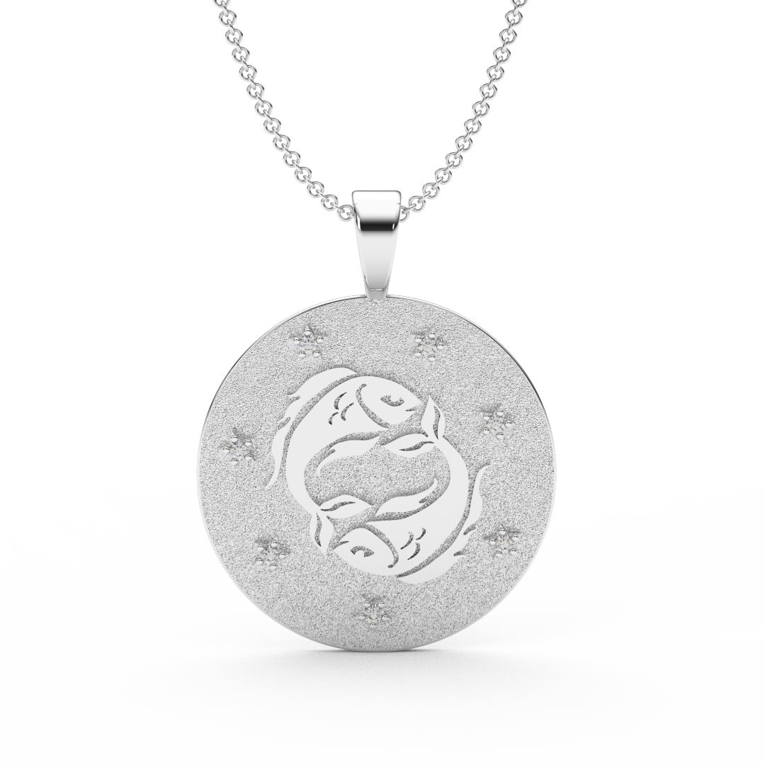 PISCES Zodiac Coin Necklace - 18 MM Horoscope Sign Round Disk Medallion - Astrological Amulet - 2-Sided with 7 Diamond Stars