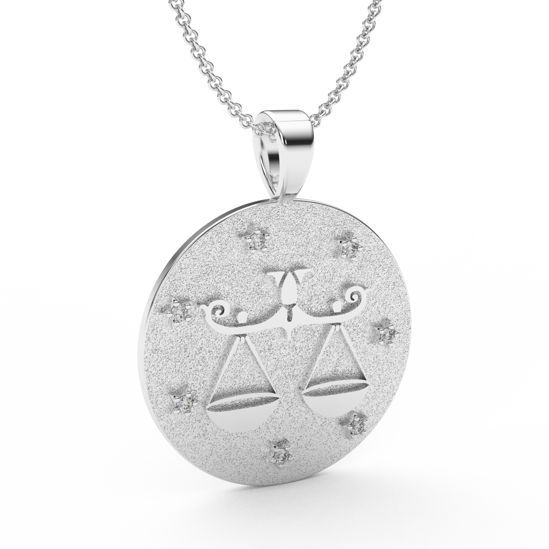 LIBRA Zodiac Coin Necklace - 18 MM Horoscope Sign Round Disk Medallion - Astrological Amulet - 2-Sided with 7 Diamond Stars