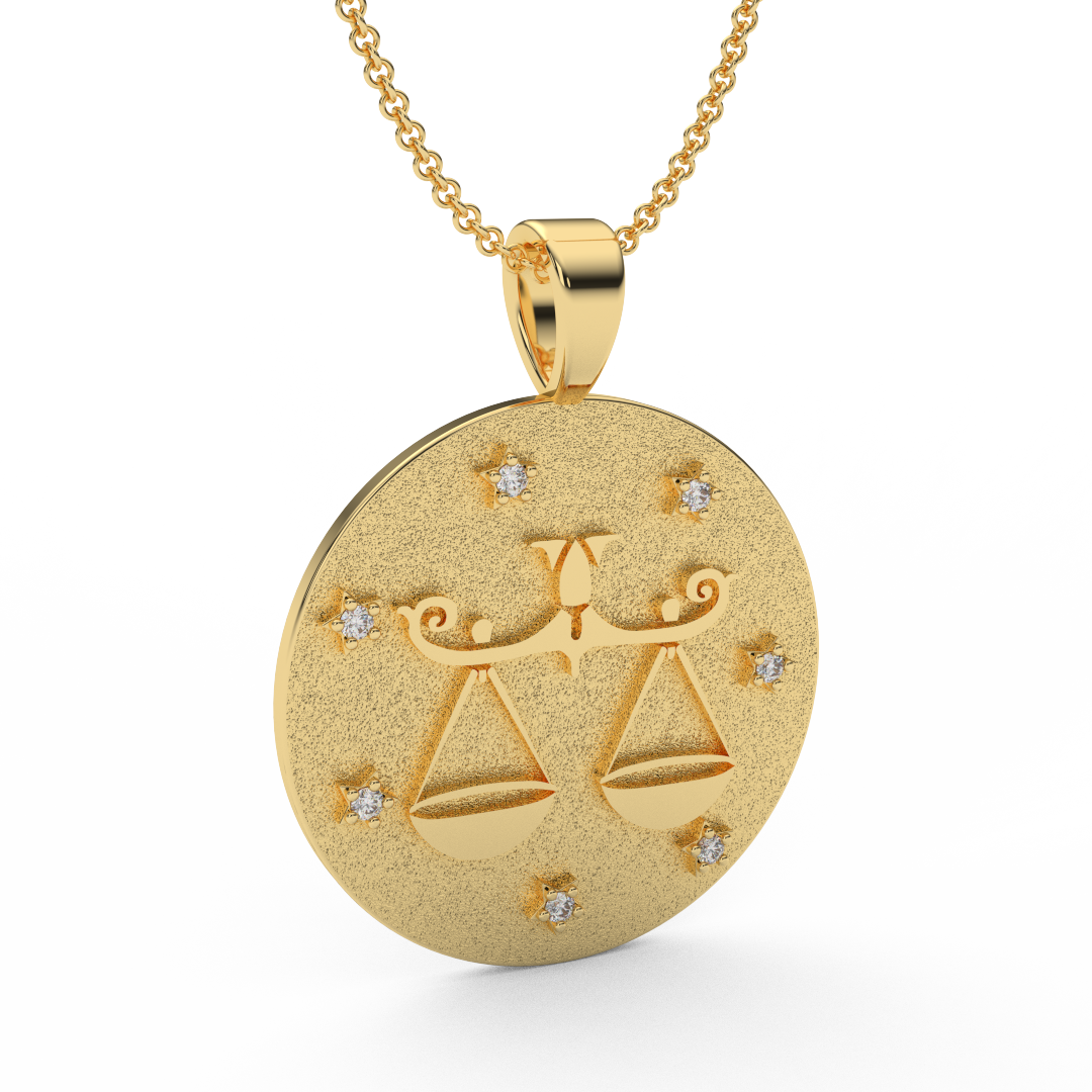 LIBRA Zodiac Coin Necklace - 18 MM Horoscope Sign Round Disk Medallion - Astrological Amulet - 2-Sided with 7 Diamond Stars