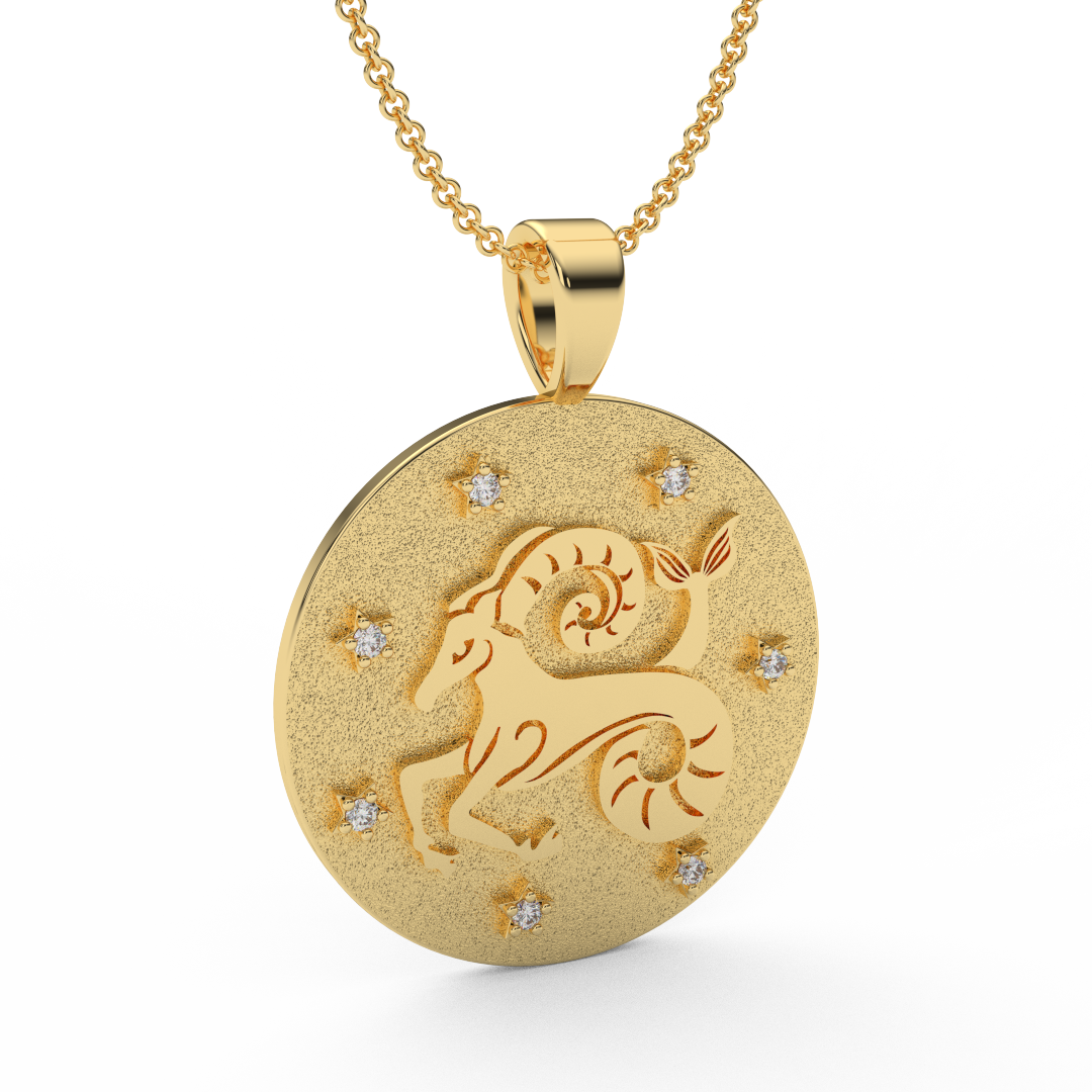 CAPRRICORN Zodiac Coin Necklace - 18 MM Horoscope Sign Round Disk Medallion - Astrological Amulet - 2-Sided with 7 Diamond Stars