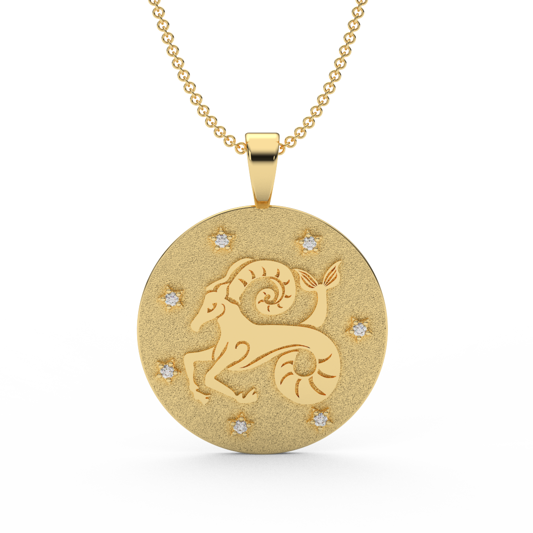 CAPRRICORN Zodiac Coin Necklace - 18 MM Horoscope Sign Round Disk Medallion - Astrological Amulet - 2-Sided with 7 Diamond Stars