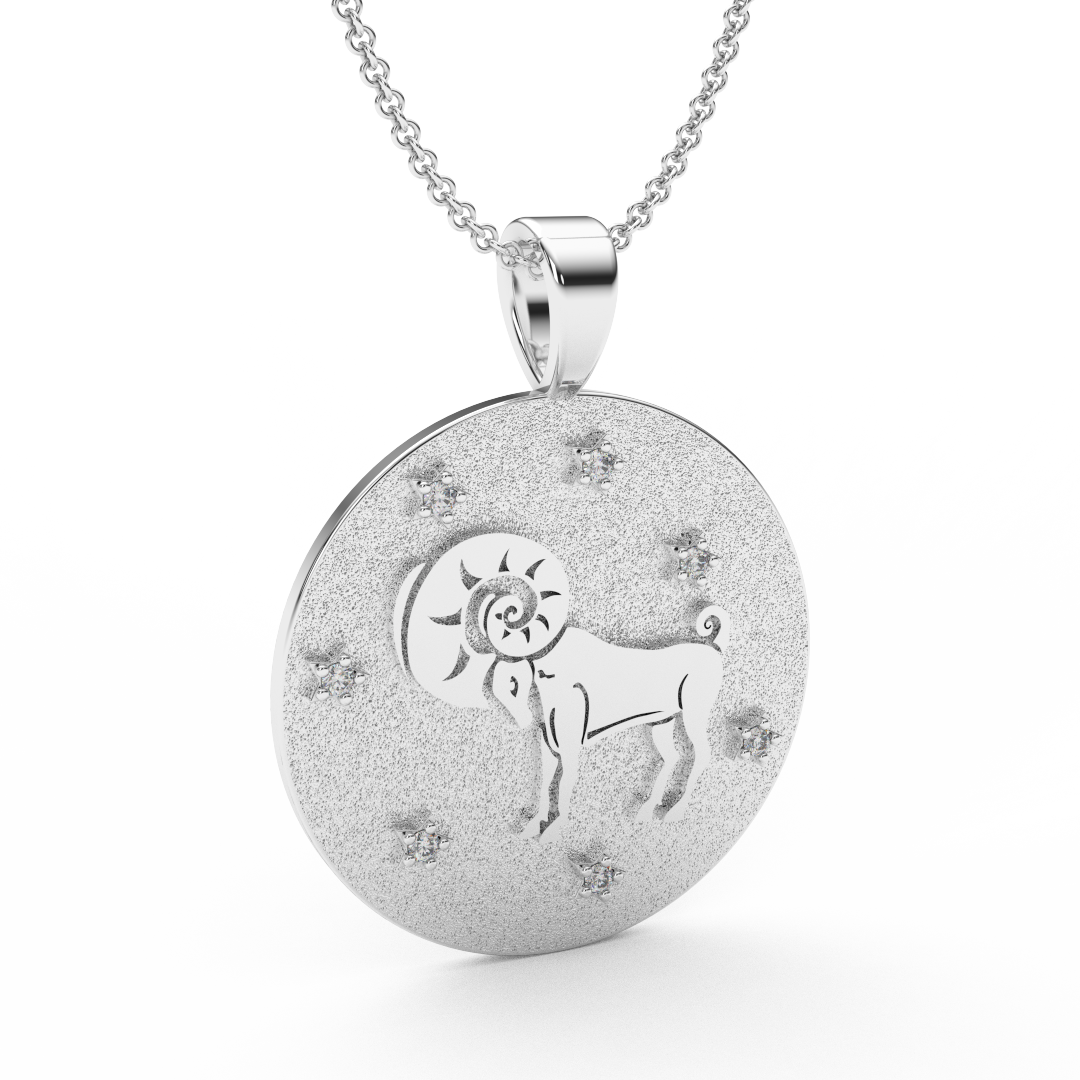 ARIES Zodiac Coin Necklace - 18 MM Horoscope Sign Round Disk Medallion - Astrological Amulet - 2-Sided with 7 Diamond Stars