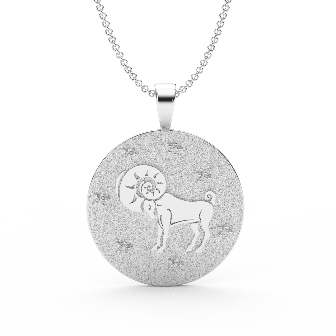 ARIES Zodiac Coin Necklace - 18 MM Horoscope Sign Round Disk Medallion - Astrological Amulet - 2-Sided with 7 Diamond Stars