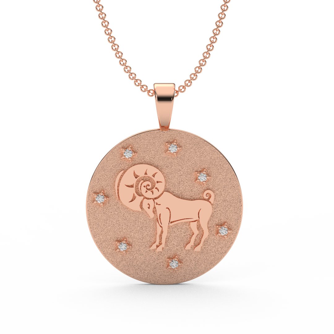 ARIES Zodiac Coin Necklace - 18 MM Horoscope Sign Round Disk Medallion - Astrological Amulet - 2-Sided with 7 Diamond Stars