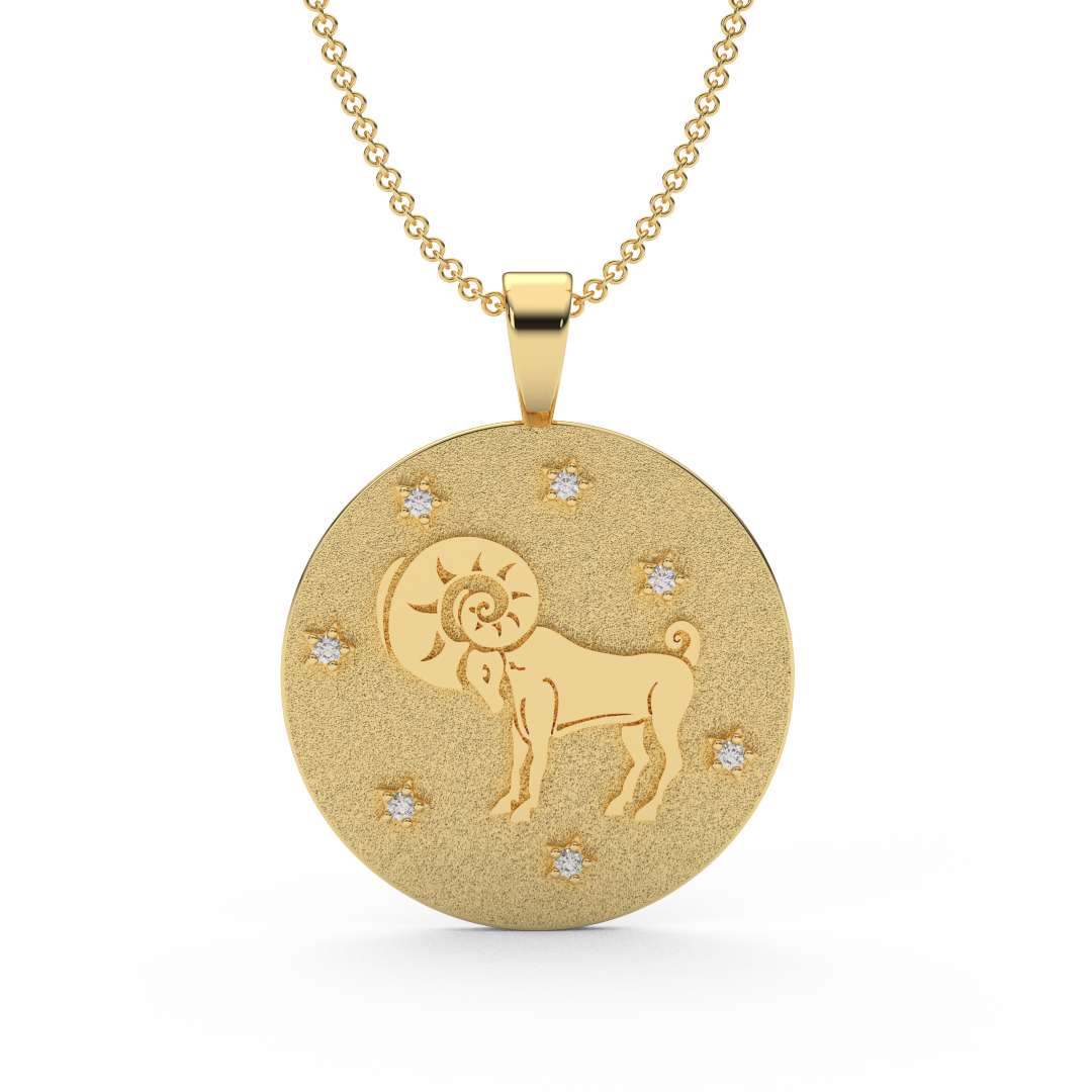 ARIES Zodiac Coin Necklace - 18 MM Horoscope Sign Round Disk Medallion - Astrological Amulet - 2-Sided with 7 Diamond Stars