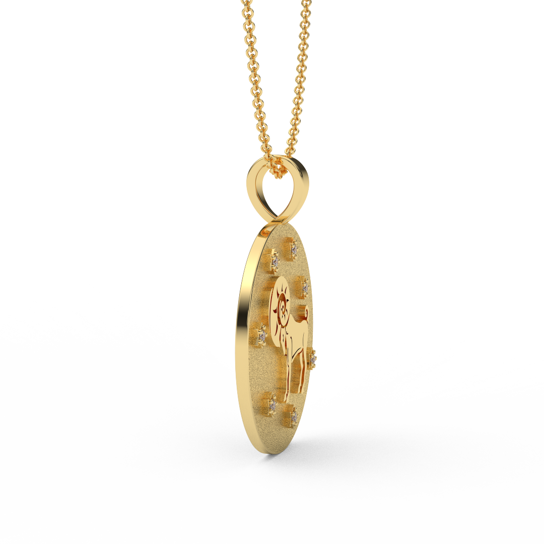 ARIES Zodiac Coin Necklace - 18 MM Horoscope Sign Round Disk Medallion - Astrological Amulet - 2-Sided with 7 Diamond Stars