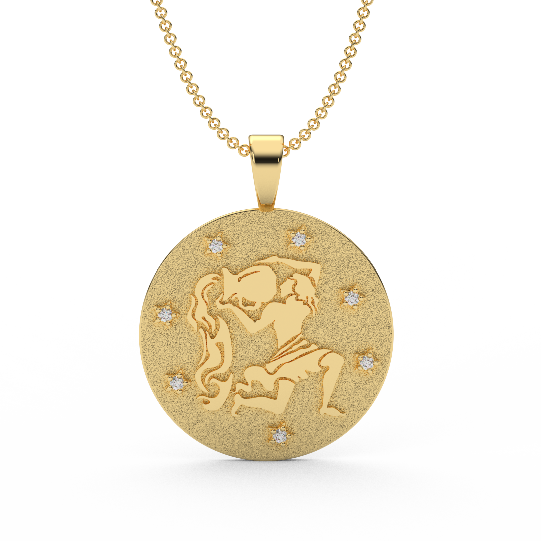 AQUARIUS Zodiac Coin Necklace - 18 MM Horoscope Sign Round Disk Medallion - Astrological Amulet - 2-Sided with 7 Diamond Stars