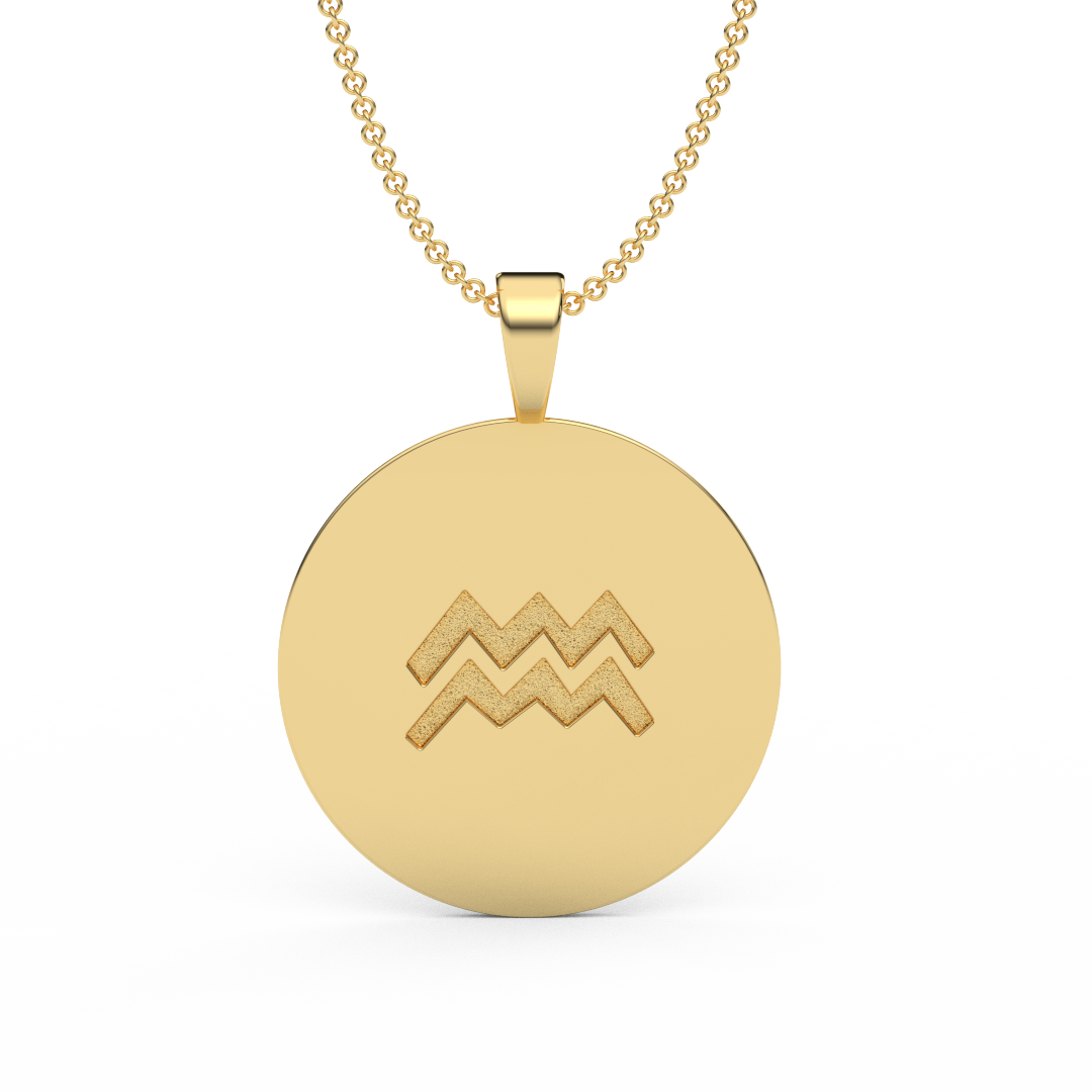 AQUARIUS Zodiac Coin Necklace - 18 MM Horoscope Sign Round Disk Medallion - Astrological Amulet - 2-Sided with 7 Diamond Stars