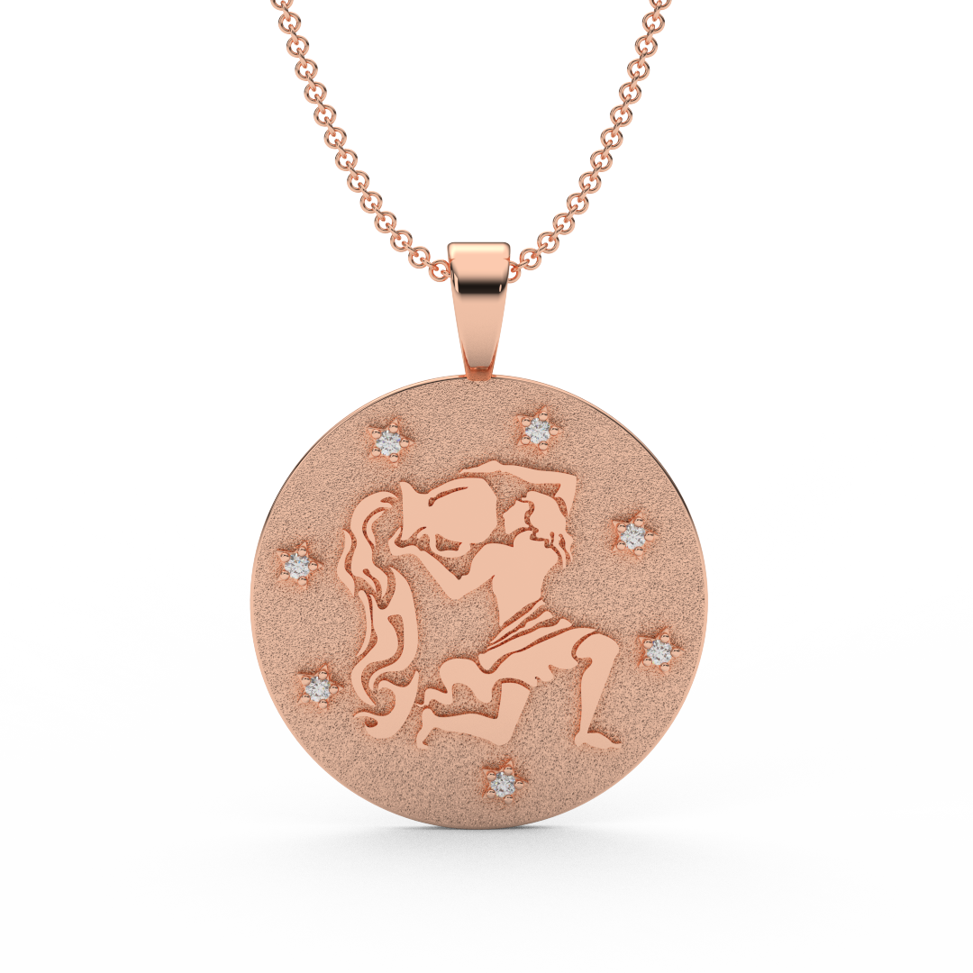 AQUARIUS Zodiac Coin Necklace - 18 MM Horoscope Sign Round Disk Medallion - Astrological Amulet - 2-Sided with 7 Diamond Stars