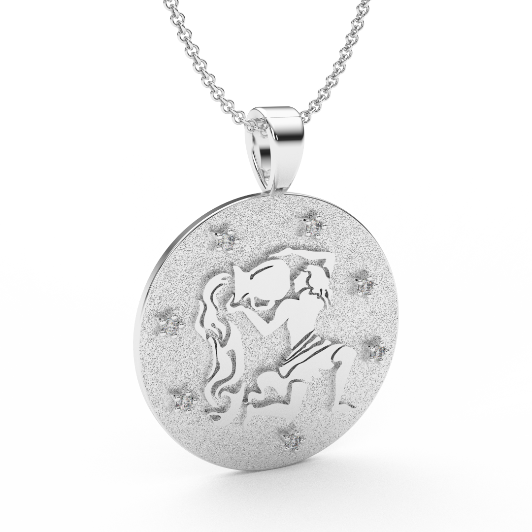AQUARIUS Zodiac Coin Necklace - 18 MM Horoscope Sign Round Disk Medallion - Astrological Amulet - 2-Sided with 7 Diamond Stars