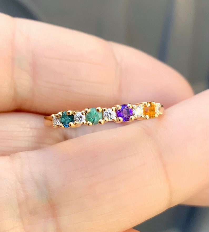 4 Stone Mother's Ring/ Personalized Family Birthstone Band Ring with Diamonds, London Blue Topaz, Alexandrite, Amethyst, Citrine/ Custom Mother's Day Ring
