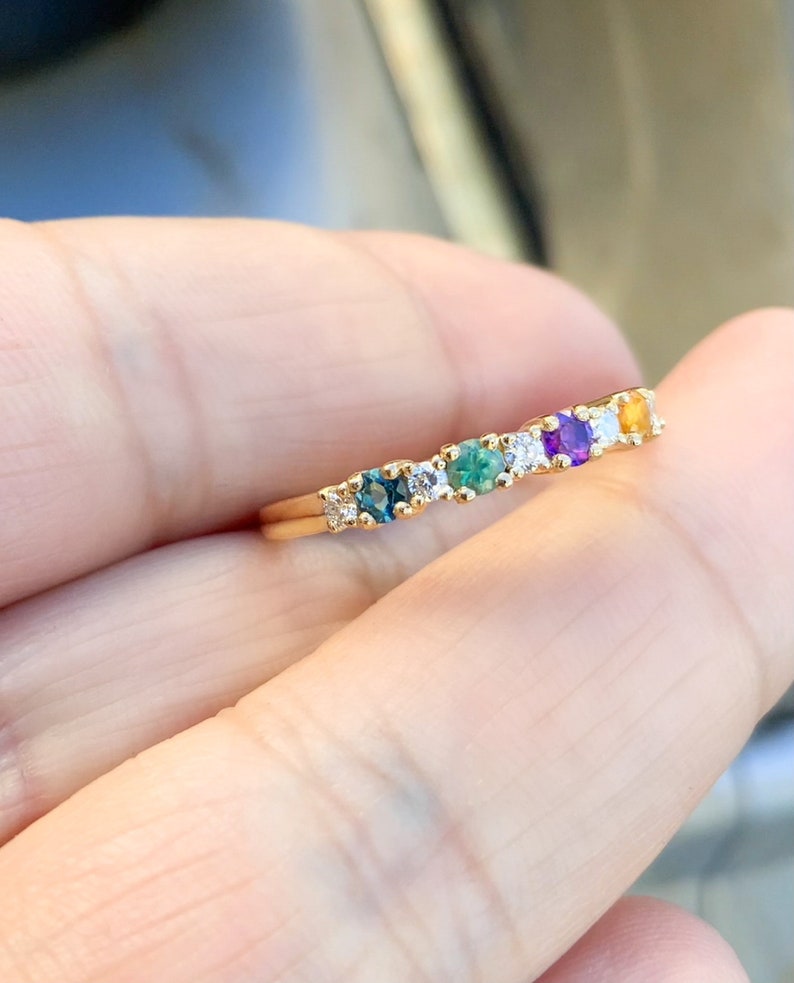 4 Stone Mother's Ring/ Personalized Family Birthstone Band Ring with Diamonds, London Blue Topaz, Alexandrite, Amethyst, Citrine/ Custom Mother's Day Ring