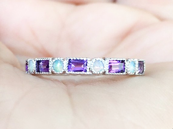3mm Baguette Amethyst and Dot Opal Band