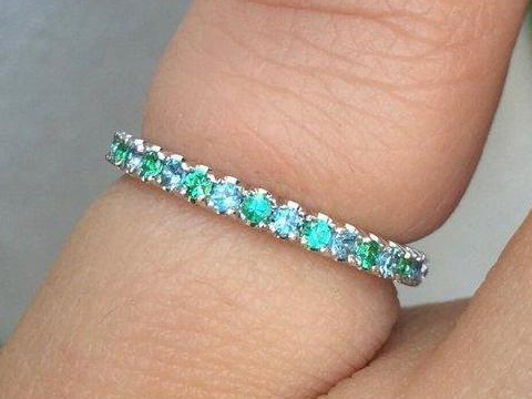London Blue Topaz and Emerald Half Eternity Pave Band 2mm