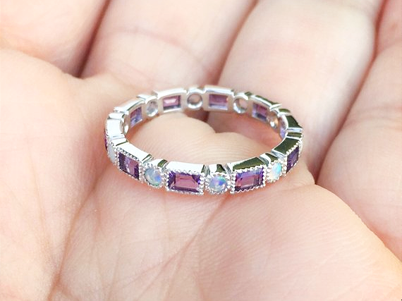 3mm Baguette Amethyst and Dot Opal Band