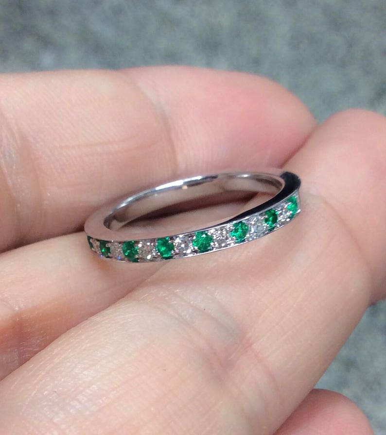 Alternating Diamond Emerald Half Eternity Stacking Ring/ 2 Birthstone  Bright Cut, Channel Pave Set 2.3mm Wedding or Anniversary Band