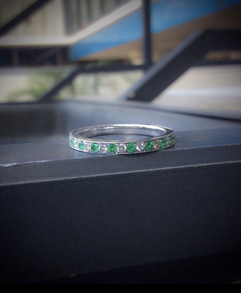 Alternating Diamond Emerald Half Eternity Stacking Ring/ 2 Birthstone Bright Cut, Channel Pave Set 2.3mm Wedding or Anniversary Band