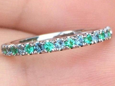 London Blue Topaz and Emerald Half Eternity Pave Band 2mm