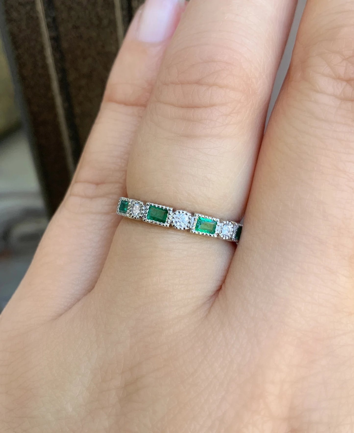 Baguette Round Diamond Emerald Ring/ 3mm Milgrain Bezel Set Baguette Emerald Band/ Alternating Diamond Emerald Baguette Dot Eternity Wedding, Anniversary Ring/ April May 2 Birthstone Stacking Ring