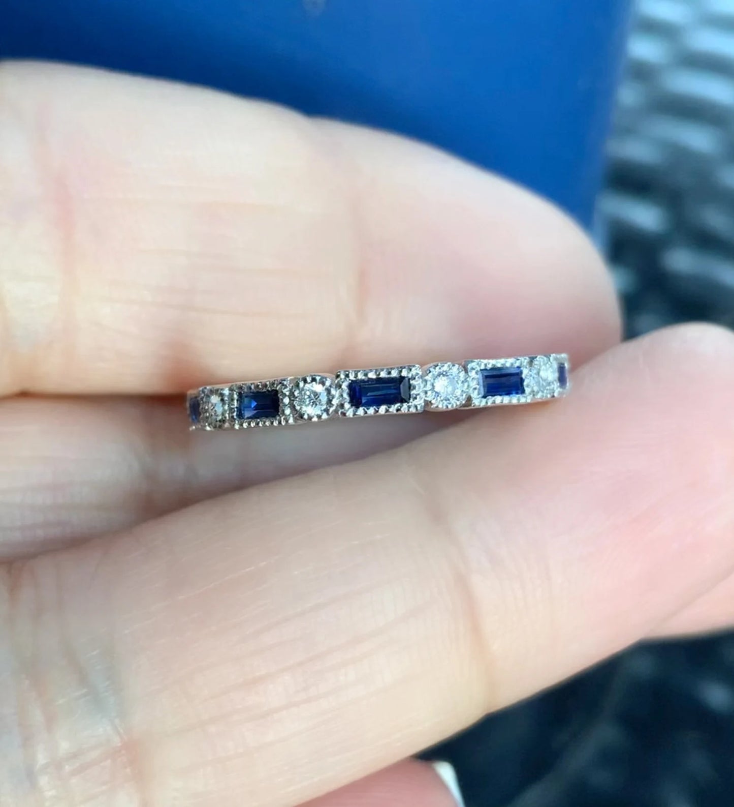 baguette sapphire diamond milgrain band