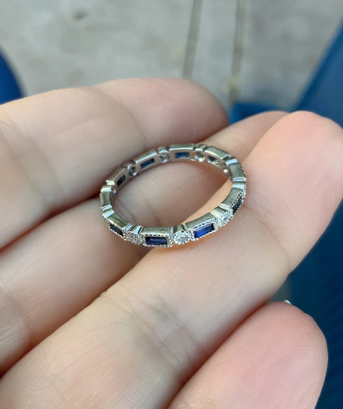 Blue Sapphire Diamond Baguette Dot Milgrain Band/ 2.5mm Full Eternity Wedding, Anniversary, September Stacking Ring