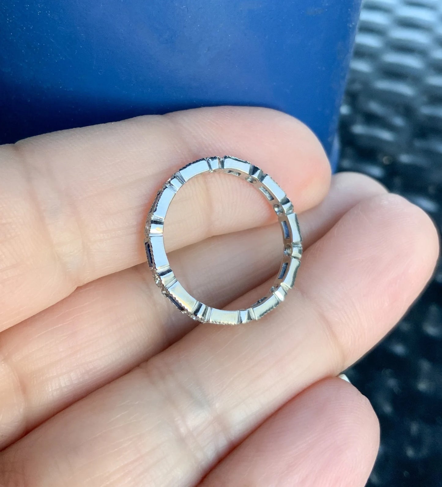 Blue Sapphire Diamond Baguette Dot Milgrain Band/ 2.5mm Full Eternity Wedding, Anniversary, September Stacking Ring