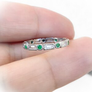 Baguette Round Emerald Diamond Ring/ 2.5mm Milgrain Bezel Baguette Diamond Band/ Alternating Emerald Diamond Baguette Dot Eternity Wedding, Anniversary Ring/ April May Two Birthstone Stacking Ring