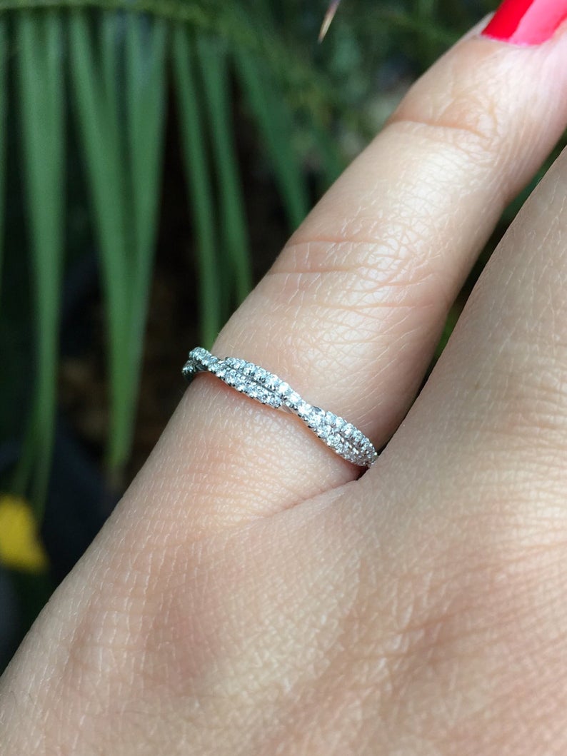 Natural Diamond Twist Band/ 2.8mm Full Eternity Ring/ Delicate Intertwined Wedding Infinity Band/ Twisted Diamond Anniversary Stacking Ring