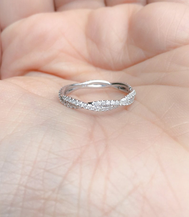 Natural Diamond Twist Band/ 2.8mm Full Eternity Ring/ Delicate Intertwined Wedding Infinity Band/ Twisted Diamond Anniversary Stacking Ring