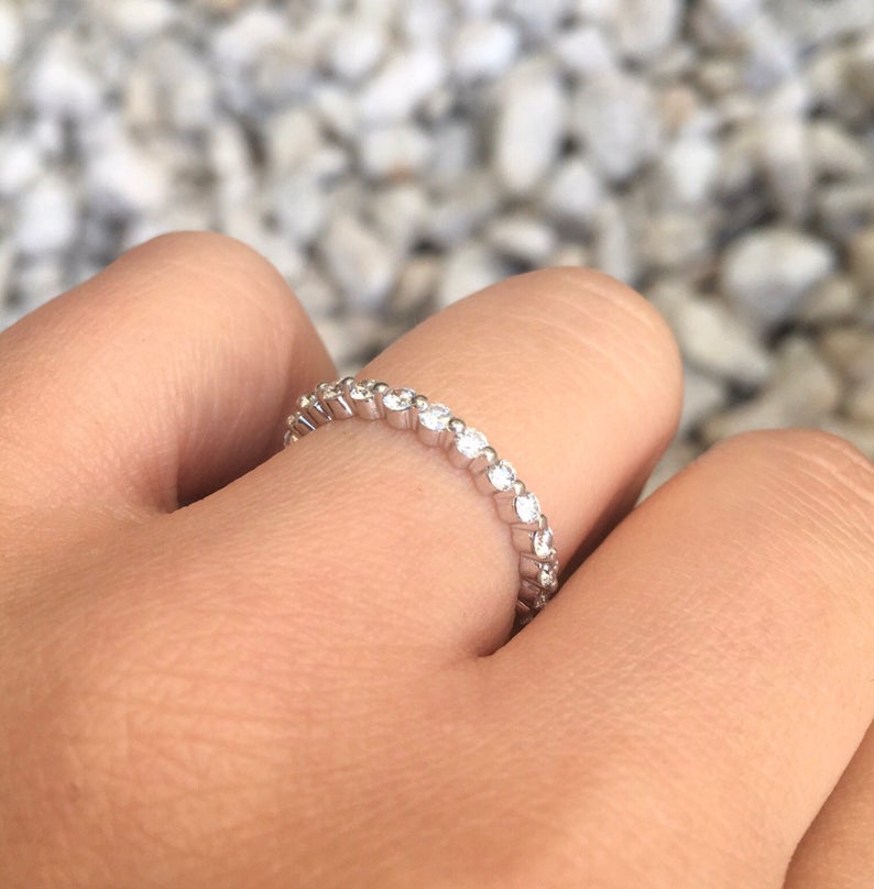 Natural Diamond Bubble Ring/ 2mm Floating Diamond Ring/ Full Eternity Natural Diamond Stacking Ring/ Infinity Wedding Band/ 14K, 18K, Platinum