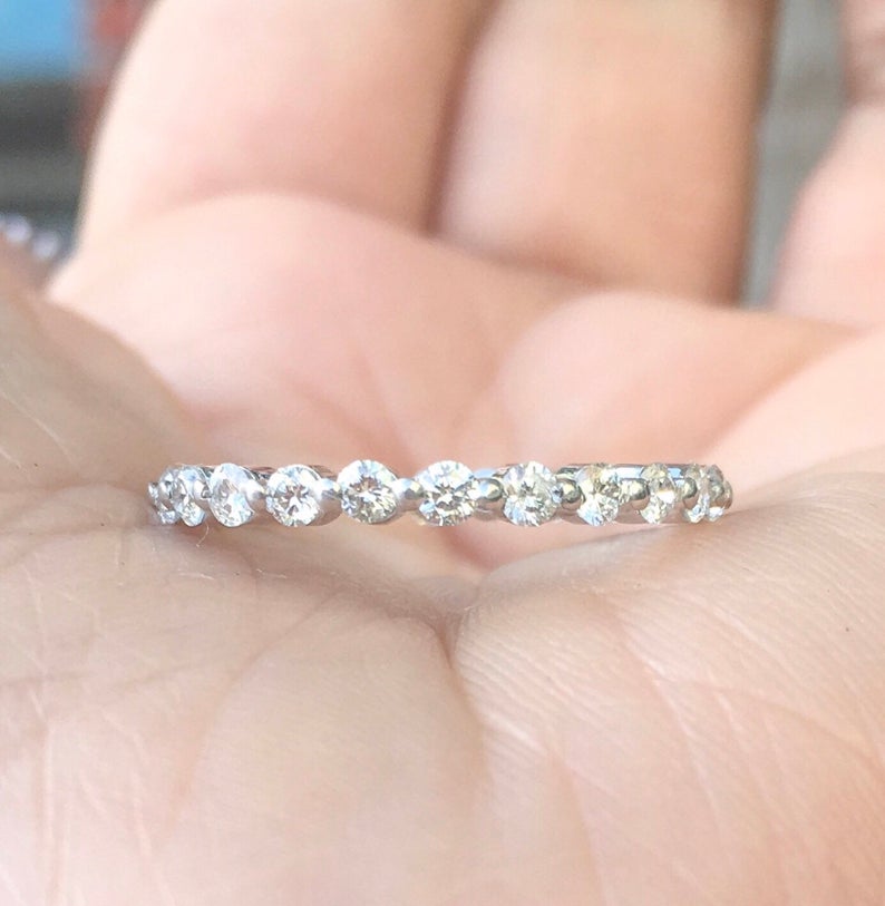 Natural Diamond Bubble Ring/ 2mm Floating Diamond Ring/ Full Eternity Natural Diamond Stacking Ring/ Infinity Wedding Band/ 14K, 18K, Platinum