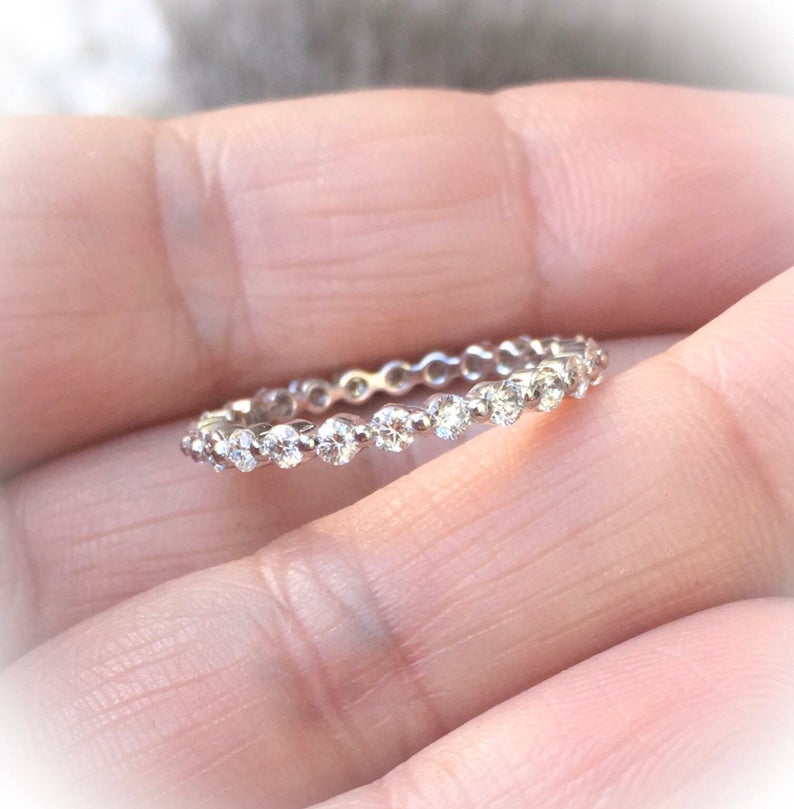 Natural Diamond Bubble Ring/ 2mm Floating Diamond Ring/ Full Eternity Natural Diamond Stacking Ring/ Infinity Wedding Band/ 14K, 18K, Platinum