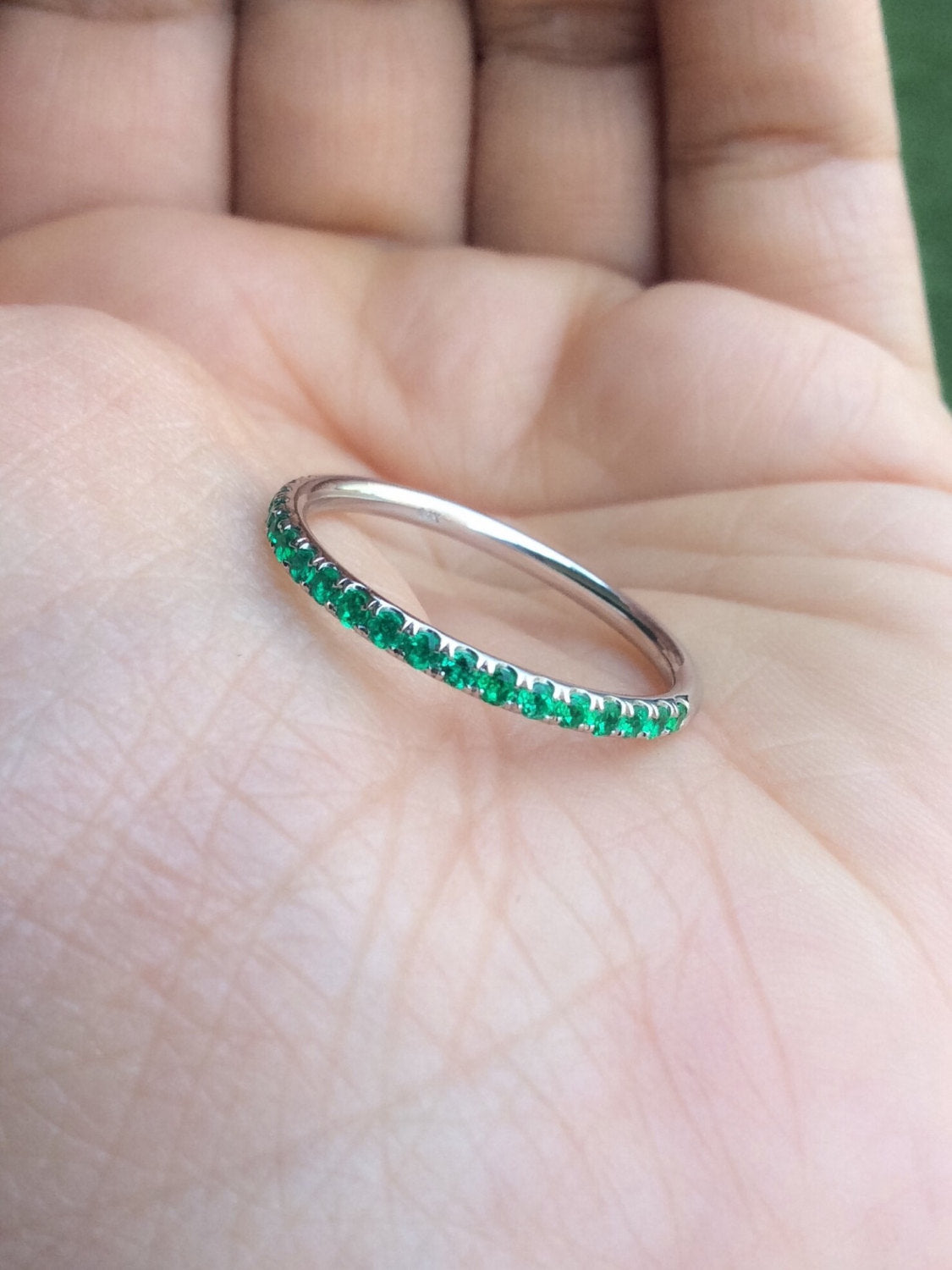 Emerald Stacking Ring/ 2mm Pave Half Eternity Emerald Band/ Wedding Anniversary or May Birthstone Ring
