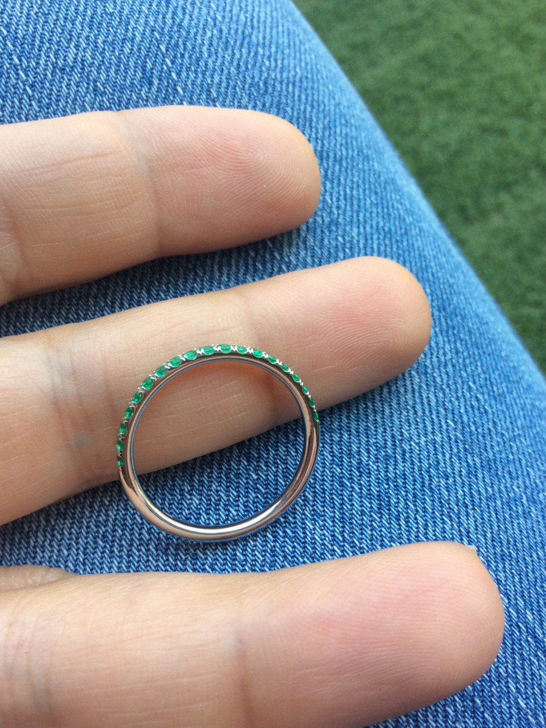 Emerald Stacking Ring/ 2mm Pave Half Eternity Emerald Band/ Wedding Anniversary or May Birthstone Ring