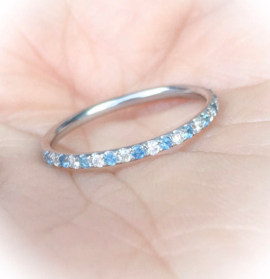 Diamond Aquamarine Half Eternity Pave Band/ 1.5mm Alternating Aquamarine Diamond Stack Ring/ 2 Birthstone Wedding Band/ March Push Present