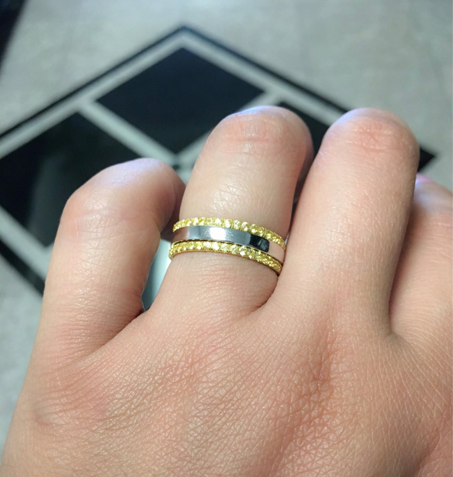 Set of 3 Bands; 2 1.6mm Full Eternity Yellow Sapphire Pave Bands, 1 2.5mm 14K Plain Band