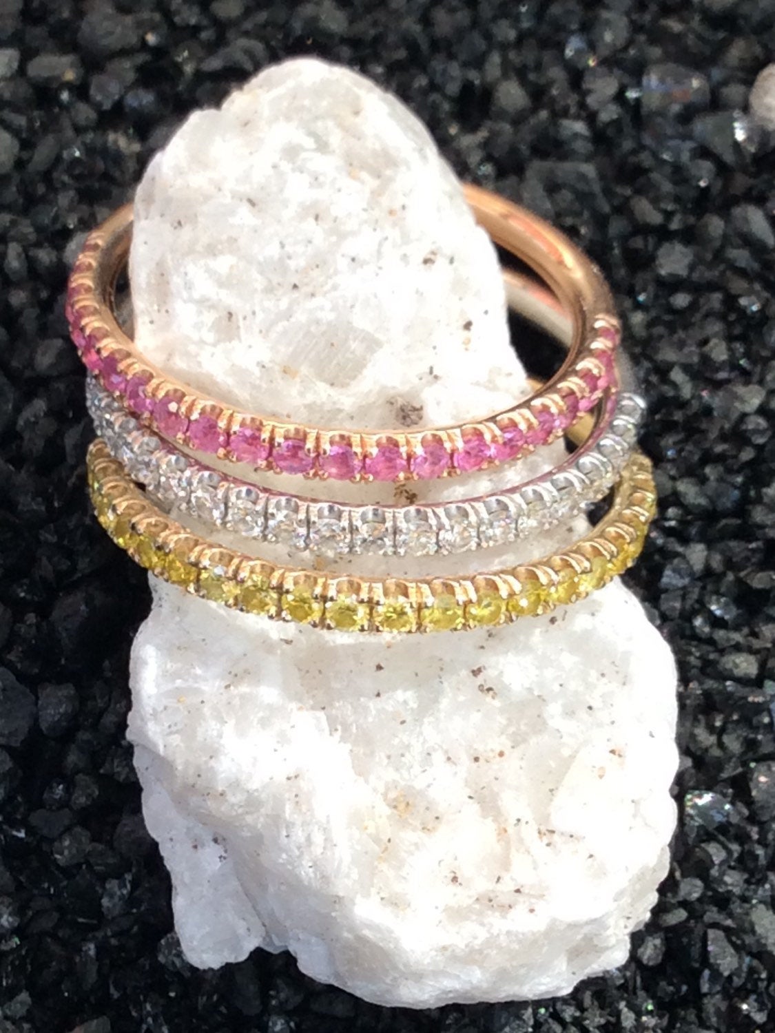 Set of 3; 1.6mm Half Eternity Pink, Yellow, and White Sapphire 14K Pave Stacking Rings