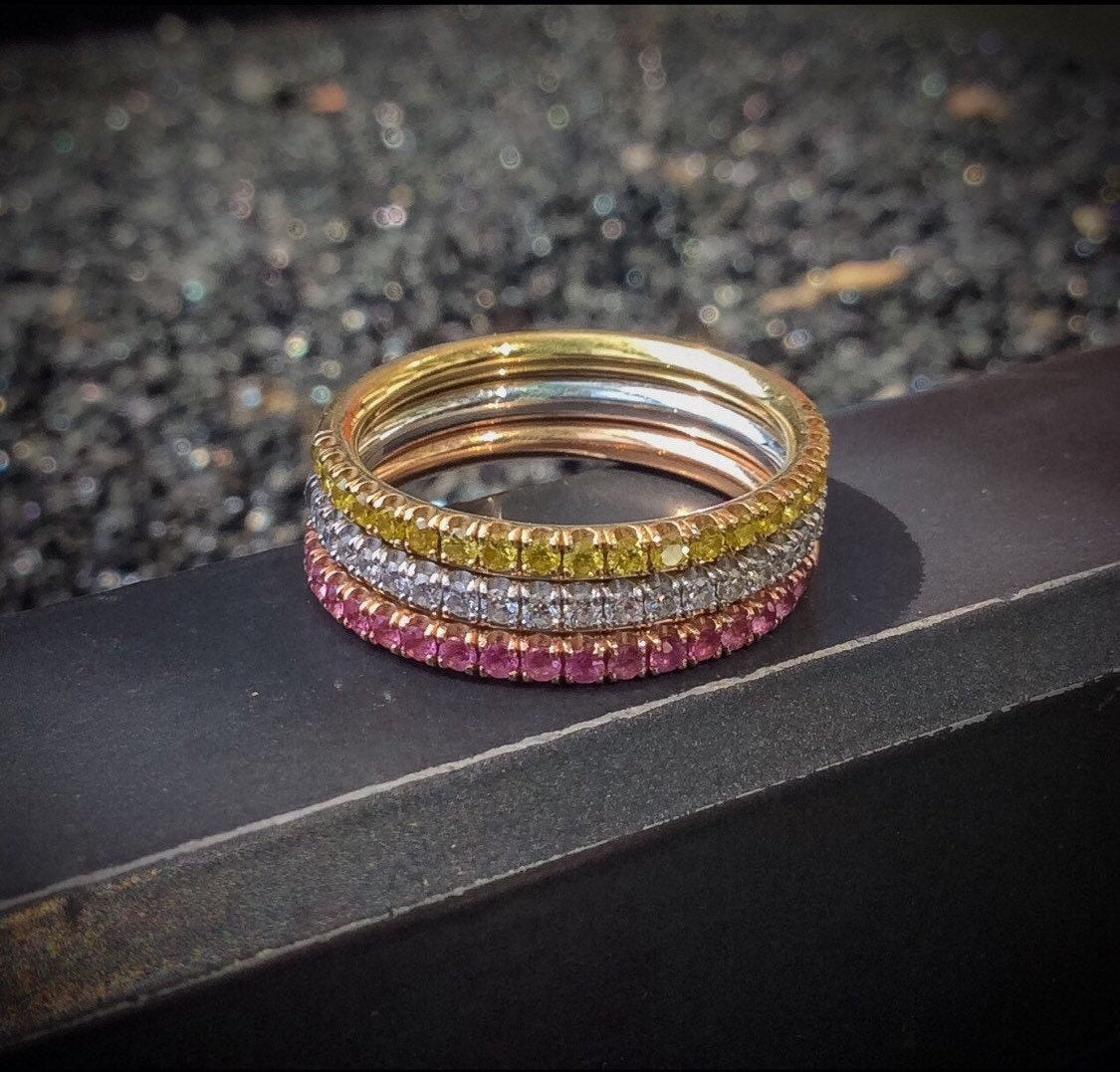 Set of 3; 1.6mm Half Eternity Pink, Yellow, and White Sapphire 14K Pave Stacking Rings