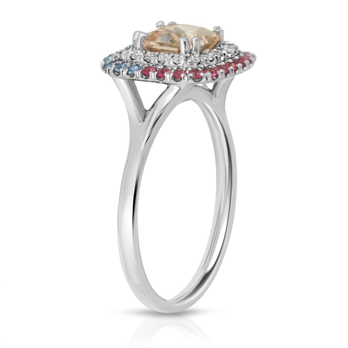 2mm Morganite, Diamond, Aquamarine, and Pink Sapphire Ring