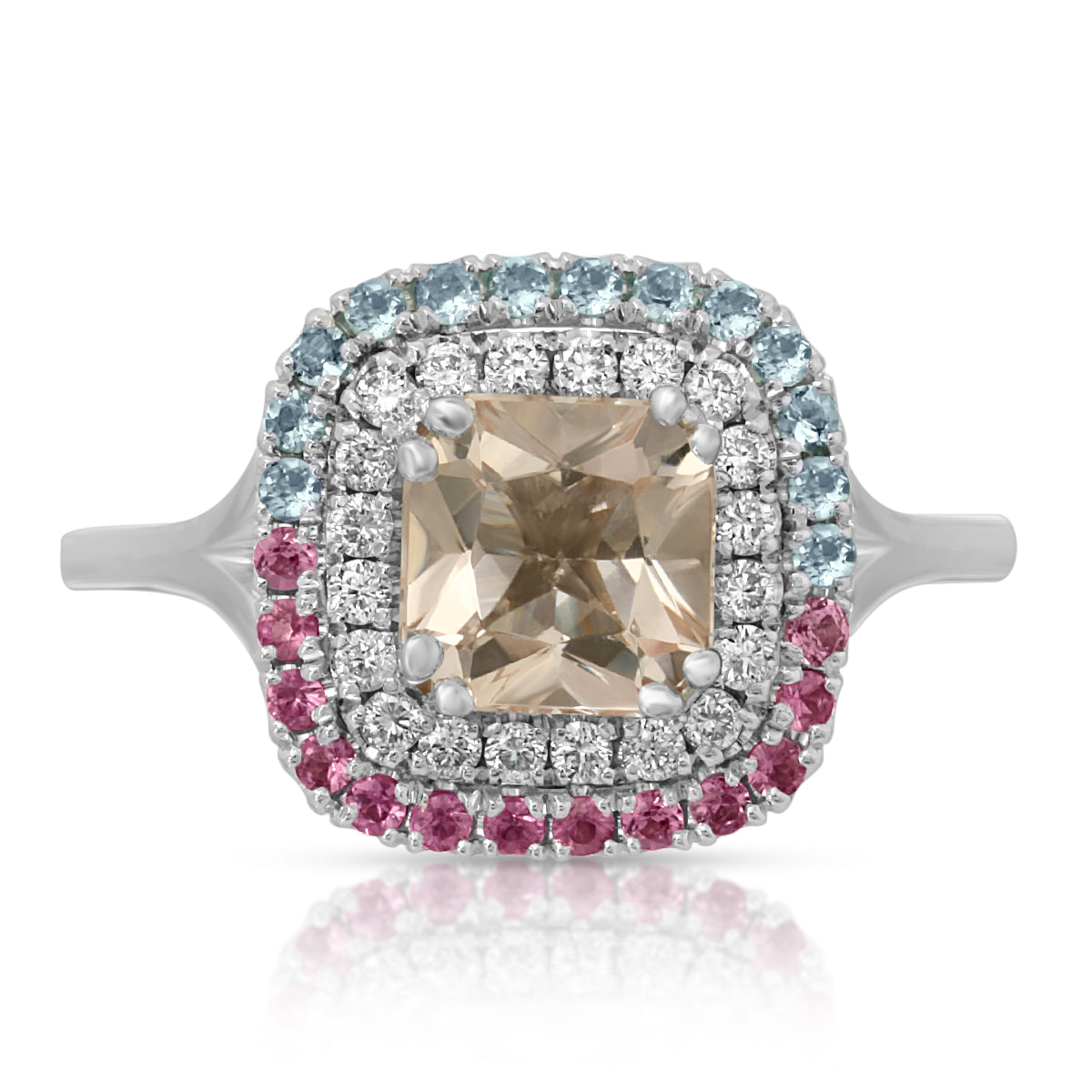2mm Morganite, Diamond, Aquamarine, and Pink Sapphire Ring