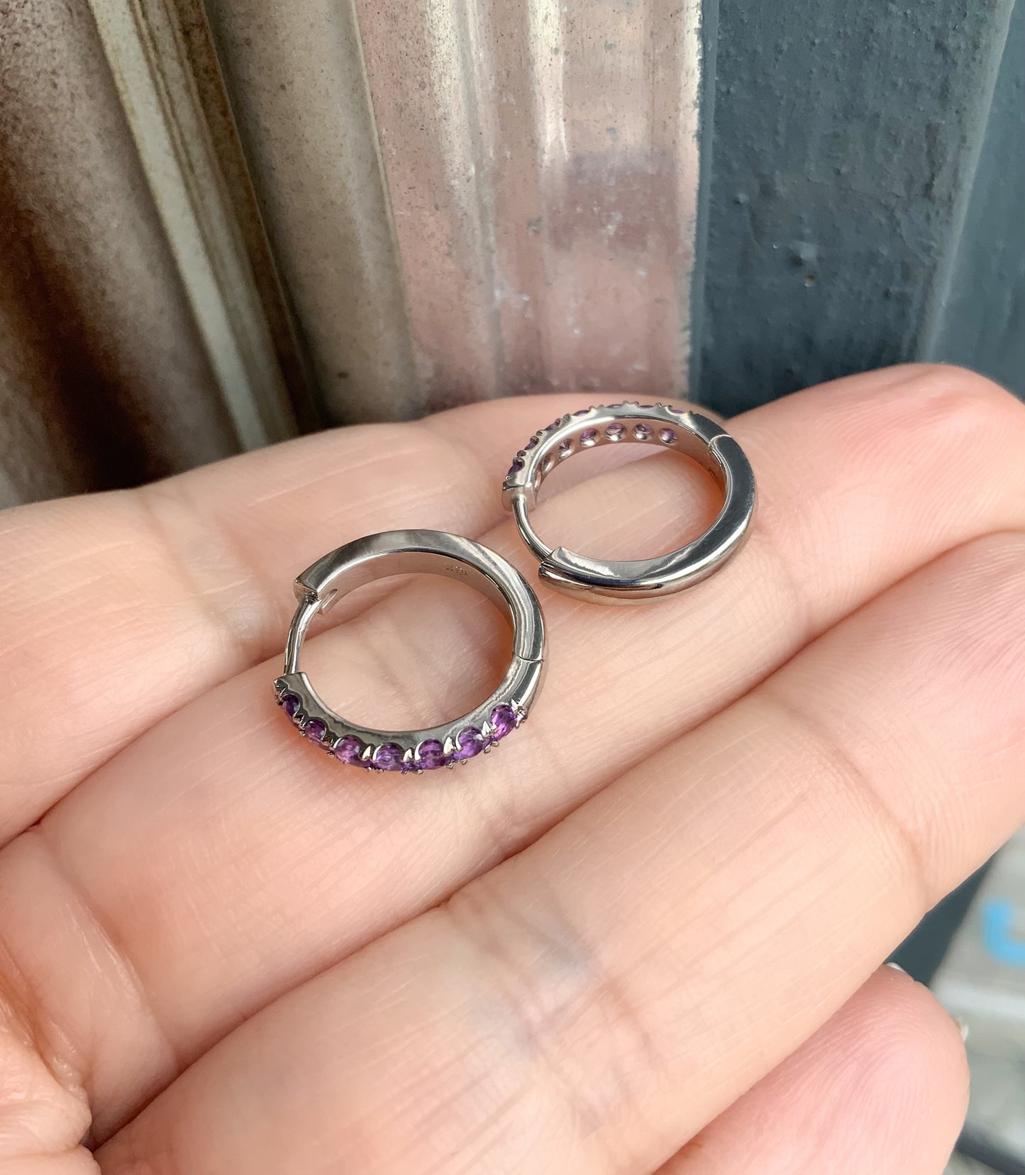 Amethyst Pave 15mm Hoop Earrings/ February Birthstone Huggies