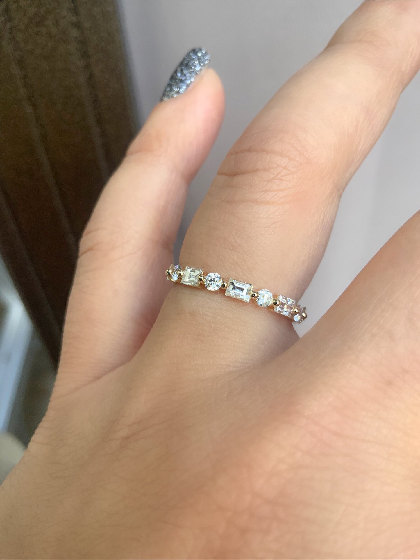 Baguette Round Natural Diamond Full Eternity Band/ 2.5mm Prong Dot Dash Diamond Ring/ Gold or Platinum Baguette Dot Band with Appraisal