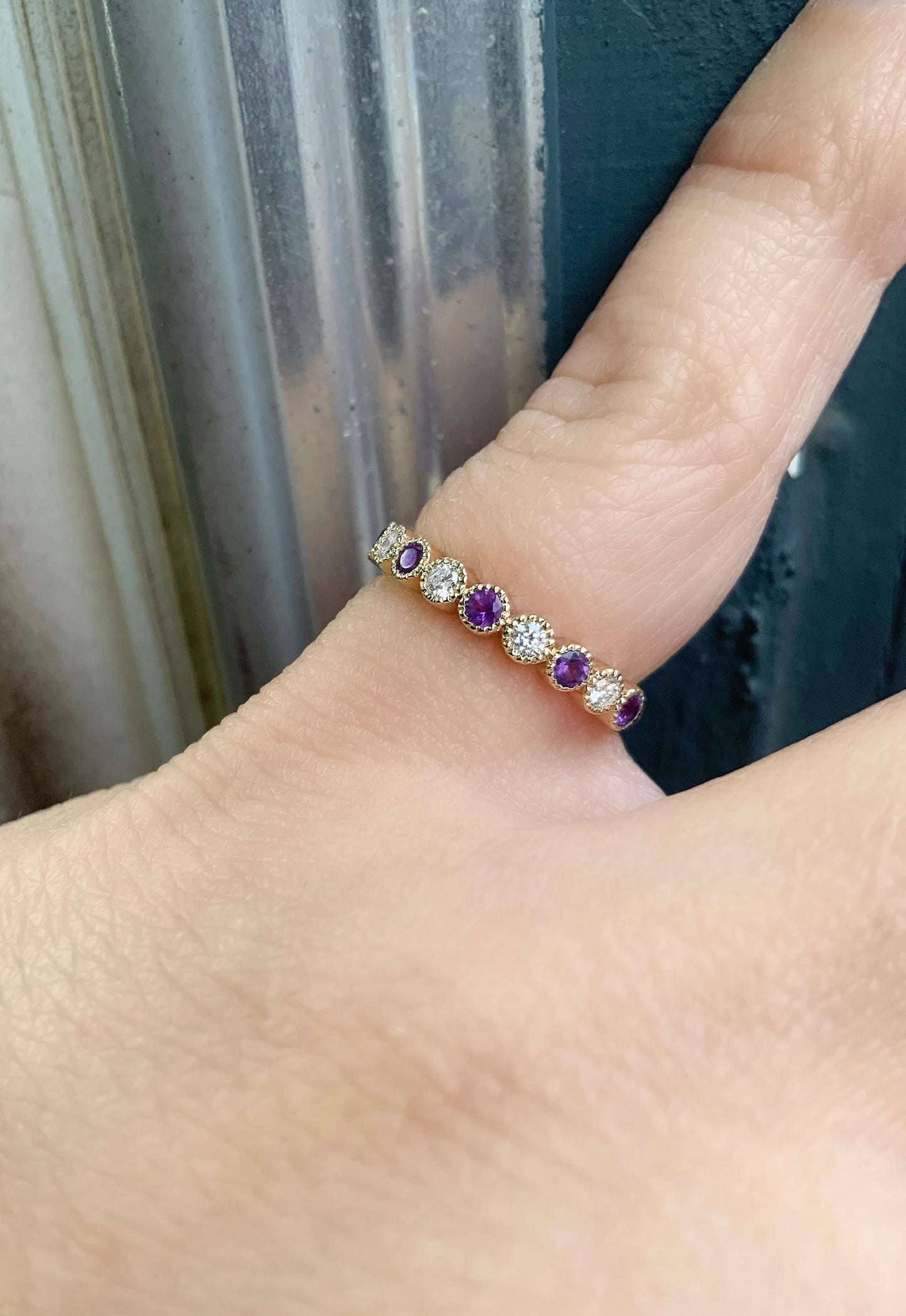 Alternating Amethyst Diamond Band/ 3mm Milgrain Bezel Set Half Eternity Wedding (Anniversary) Ring