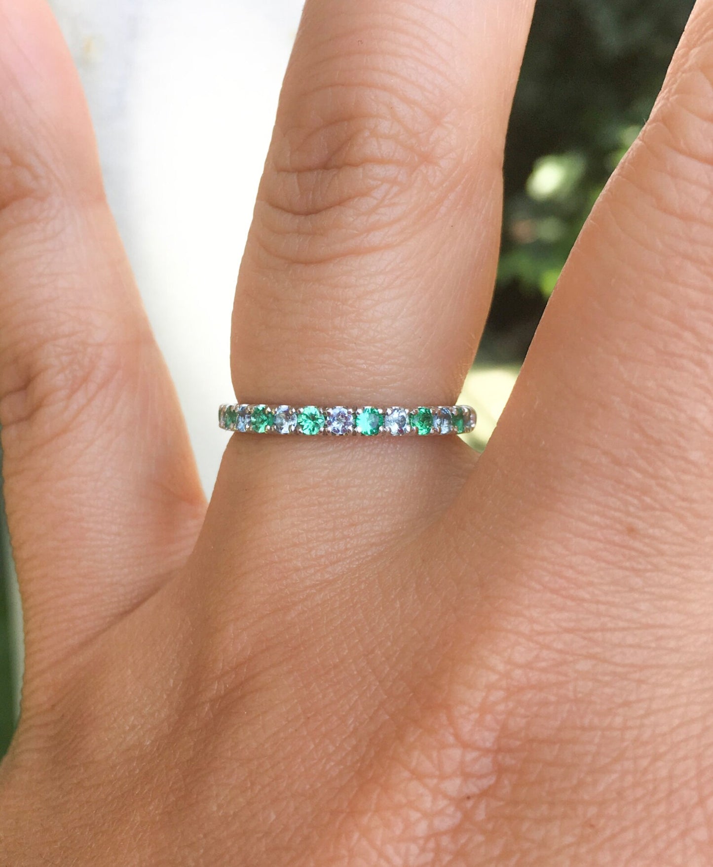 Emerald Aquamarine 2mm Band/ Alternating Aquamarine Emerald Pave Half Eternity Ring/ March & May 2 Birthstone Stacking Ring