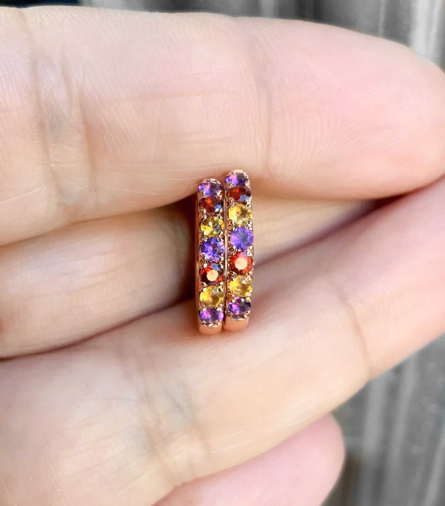 Alternating Amethyst, Citrine, Garnet Pave 15mm Hoop Earring/ SINGLE or PAIR/ 3 Birthstone Small Huggie Hoop