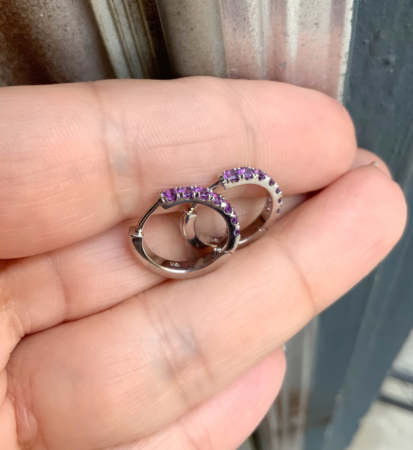 Amethyst Pave 15mm Hoop Earrings/ February Birthstone Huggies